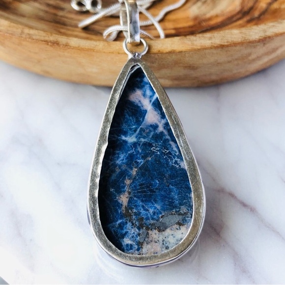 Silver Plated Blue Sodalite Pear Shape Statement Boho Necklace - Picture 3 of 10
